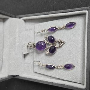 Vintage Sterling Silver Amethyst Pendant Earrings Set Purple Cabochon Jewelry